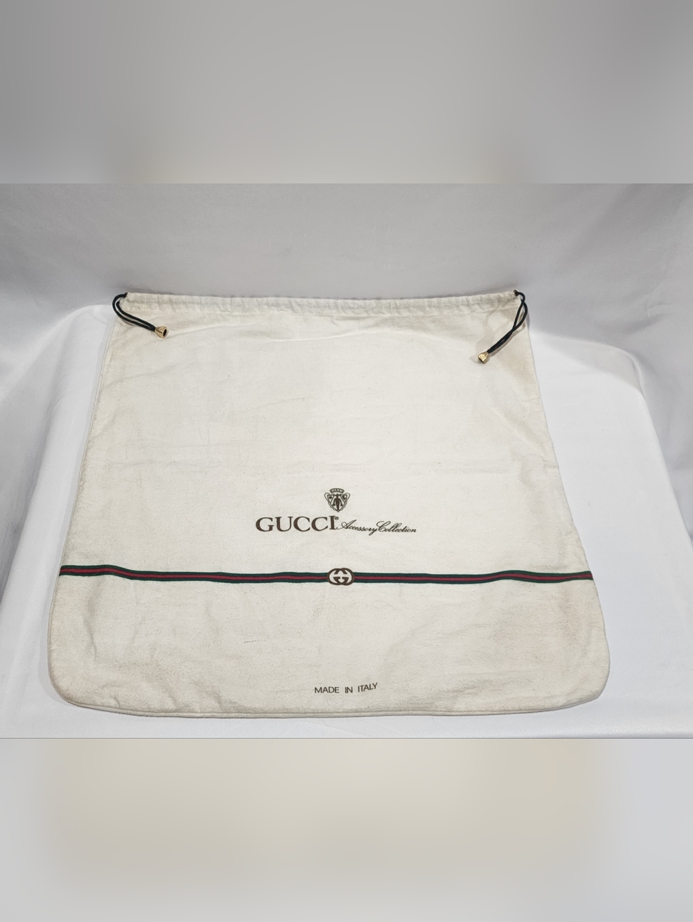 Authentic Vintage Gucci White Drawstring Dust Bag with Signature Web Stripe Gold
